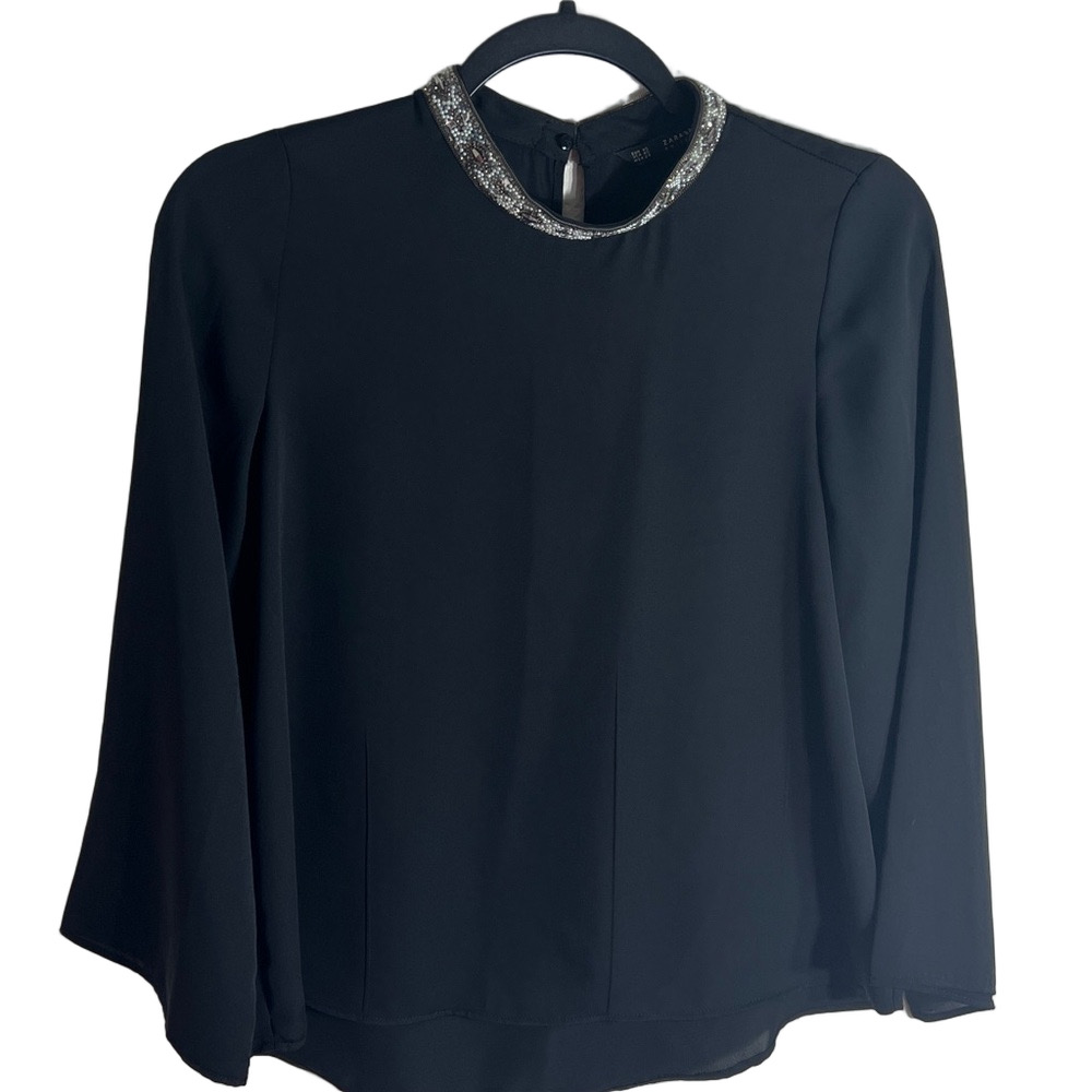 ZARa Elegant Beaded Neckline Loose Blouse XS soft girl holiday party evening